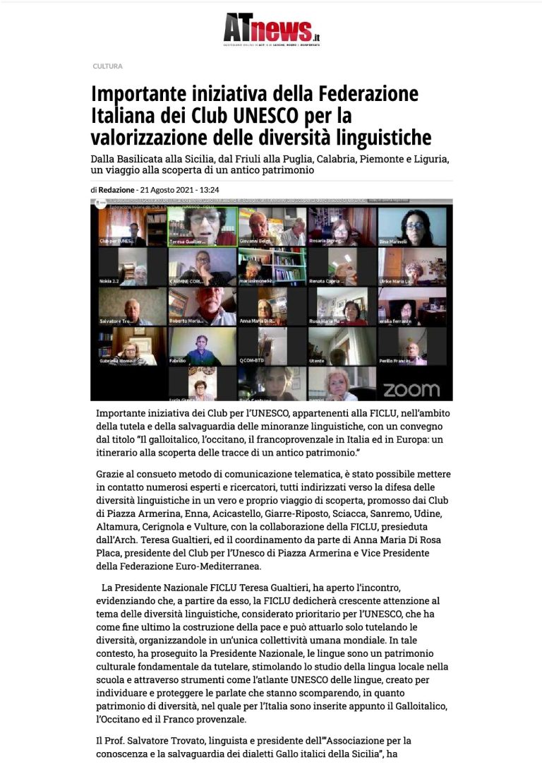 AT News Mportante Iniziativa Della Federazione Italiana Dei Club UNESCO Per La Valorizzazione Delle Diversità Linguistiche