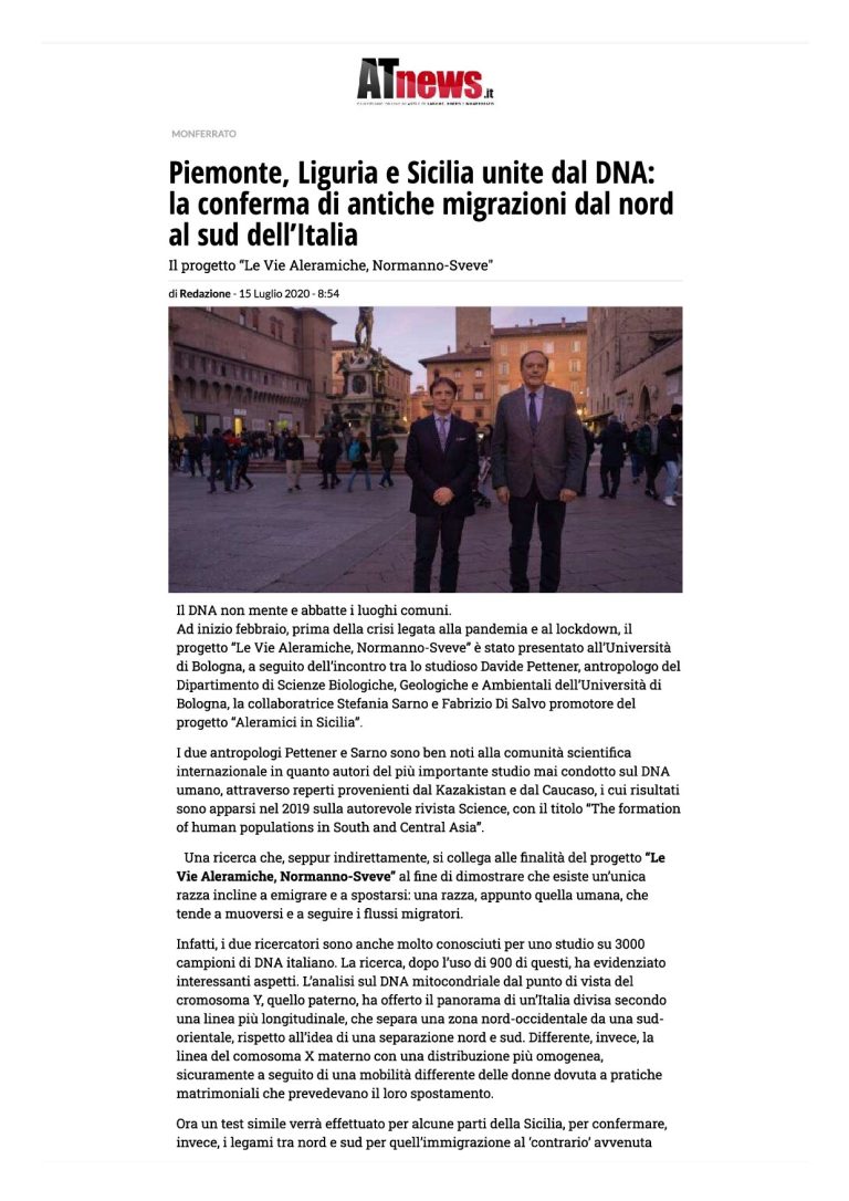 ATnews Piemonte, Liguria E Sicilia Unite Dal DNA La Conferma Di Antiche Migrazioni Dal Nord Al Sud Dell’Italia