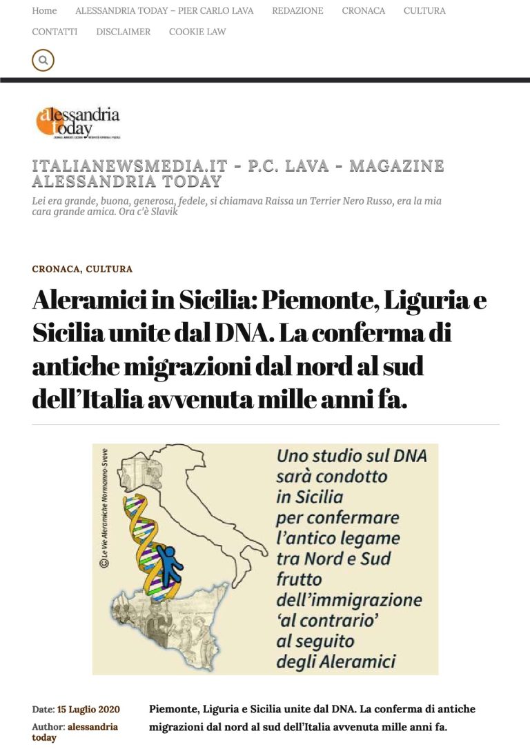 Alessandria Aleramici In Sicilia Piemonte, Liguria E Sicilia Unite Dal DNA. La Conferma Di Antiche Migrazioni Dal Nord Al Sud Dell Italia Avvenuta Mille Anni Fa.