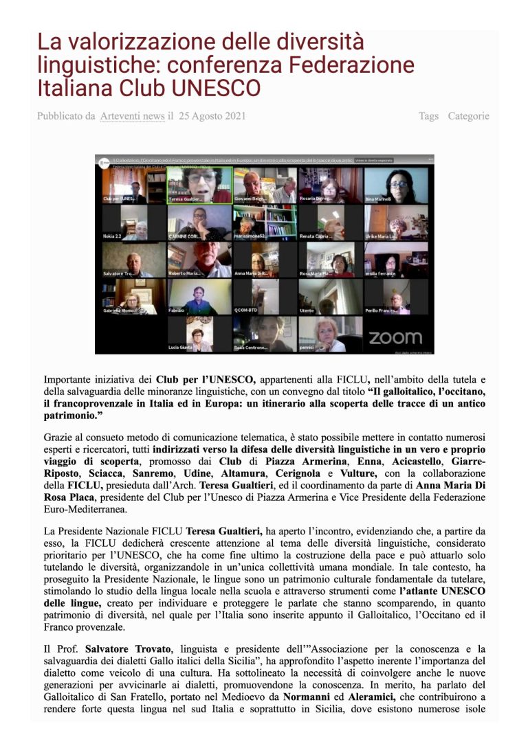 Art Eventi News La Valorizzazione Delle Diversità Linguistiche Conferenza Federazione Italiana Club UNESCO