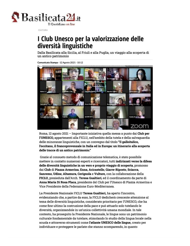 Basilicata24 I Club Unesco Per La Valorizzazione Delle Diversità Linguistiche