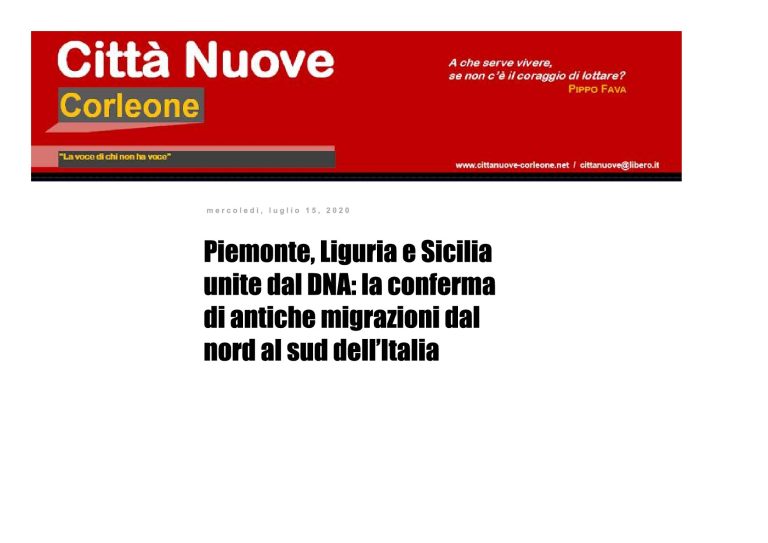 Citta Nuove Corleone Piemonte, Liguria E Sicilia Unite Dal DNA La Conferma Di Antiche Migrazioni Dal Nord Al Sud Dell’Italia