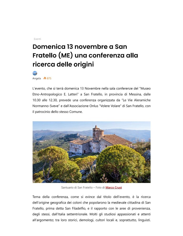 Custonaciweb Domenica 13 Novembre A San Fratello (ME) Una Conferenza Alla Ricerca Delle Origini