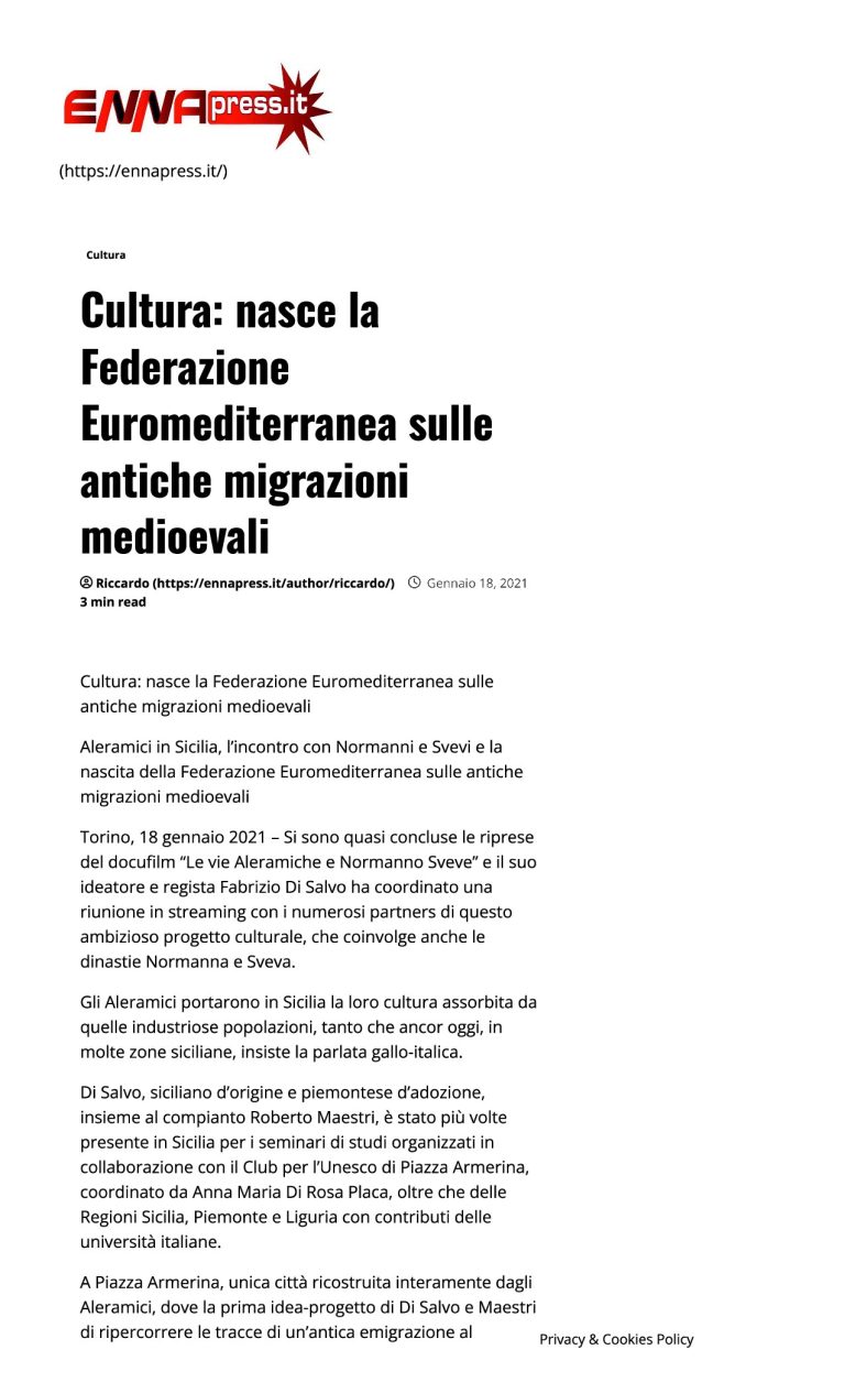 ENNA Press Cultura Nasce La Federazione Euromediterranea Sulle Antiche Migrazioni Medioevali