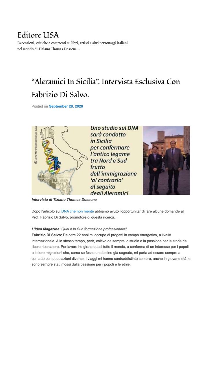 Editore USA Aleramici In Sicilia . Intervista Esclusiva Con Fabrizio Di Salvo.