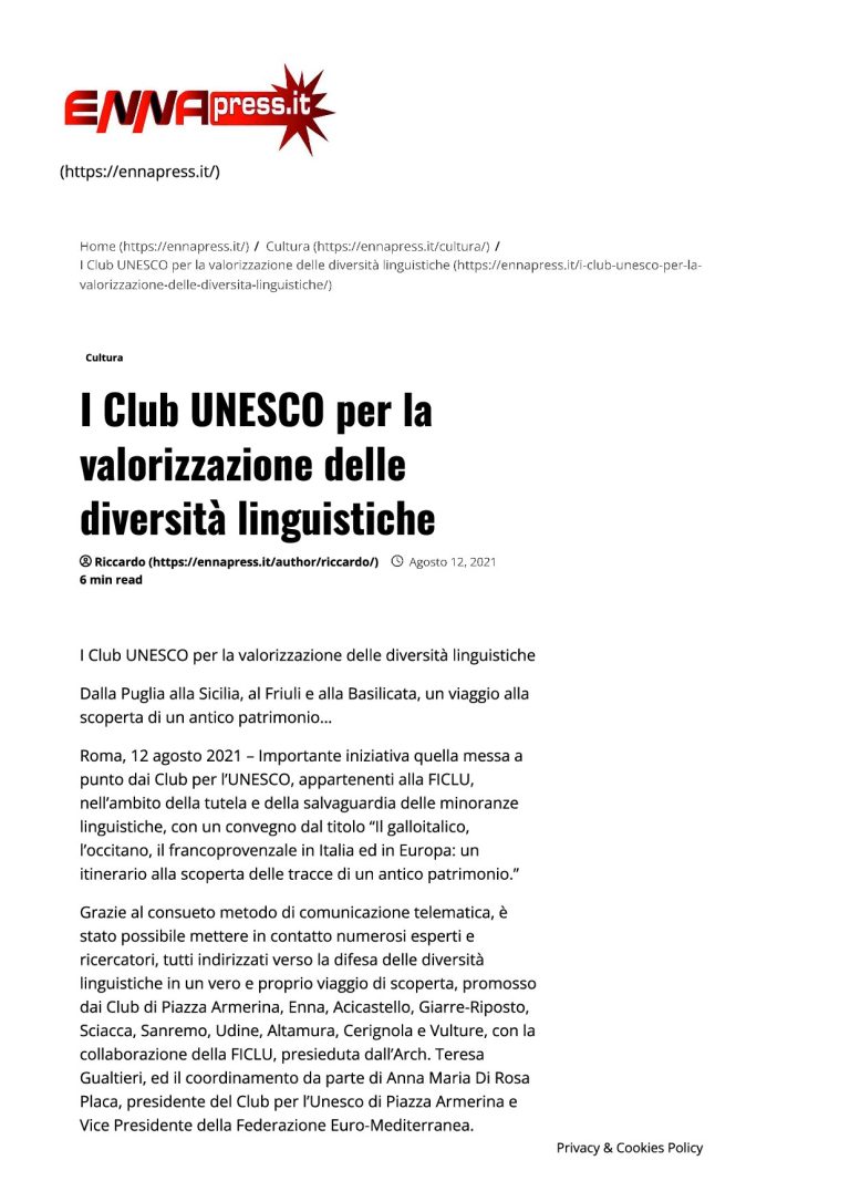 Enna Press I Club UNESCO Per La Valorizzazione Delle Diversità Linguistiche