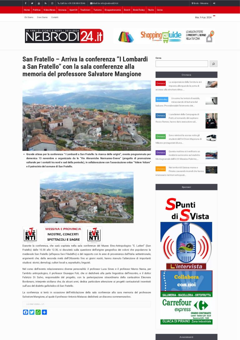 Nebrodi24 San Fratello – Arriva La Conferenza “I Lombardi A San Fratello” Con La Sala Conferenze Alla Memoria Del Professore Salvatore Mangione