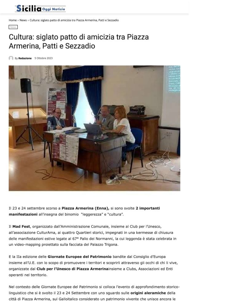 Sicilia Oggi Notizie Cultura Siglato Patto Di Amicizia Tra Piazza Armerina, Patti E Sezzadio