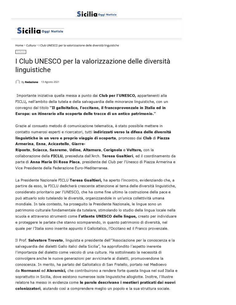 Sicilia Oggie Notizie I Club UNESCO Per La Valorizzazione Delle Diversità Linguistiche