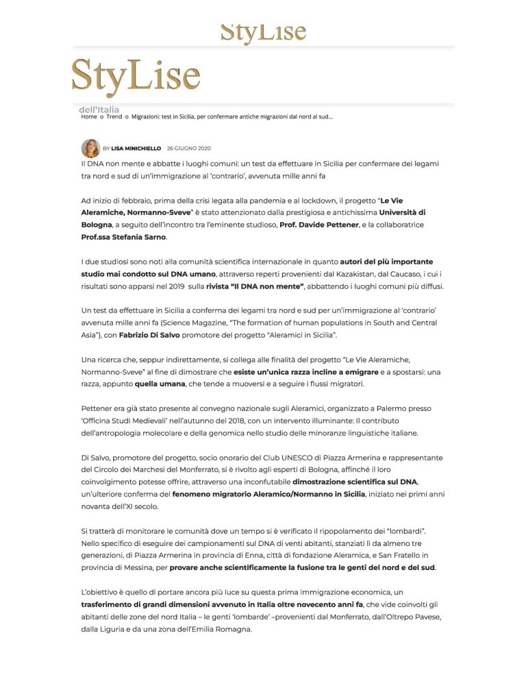 StyLise Migrazioni Test In Sicilia, Per Confermare Antiche Migrazioni Dal Nord Al Sud Dell’Italia