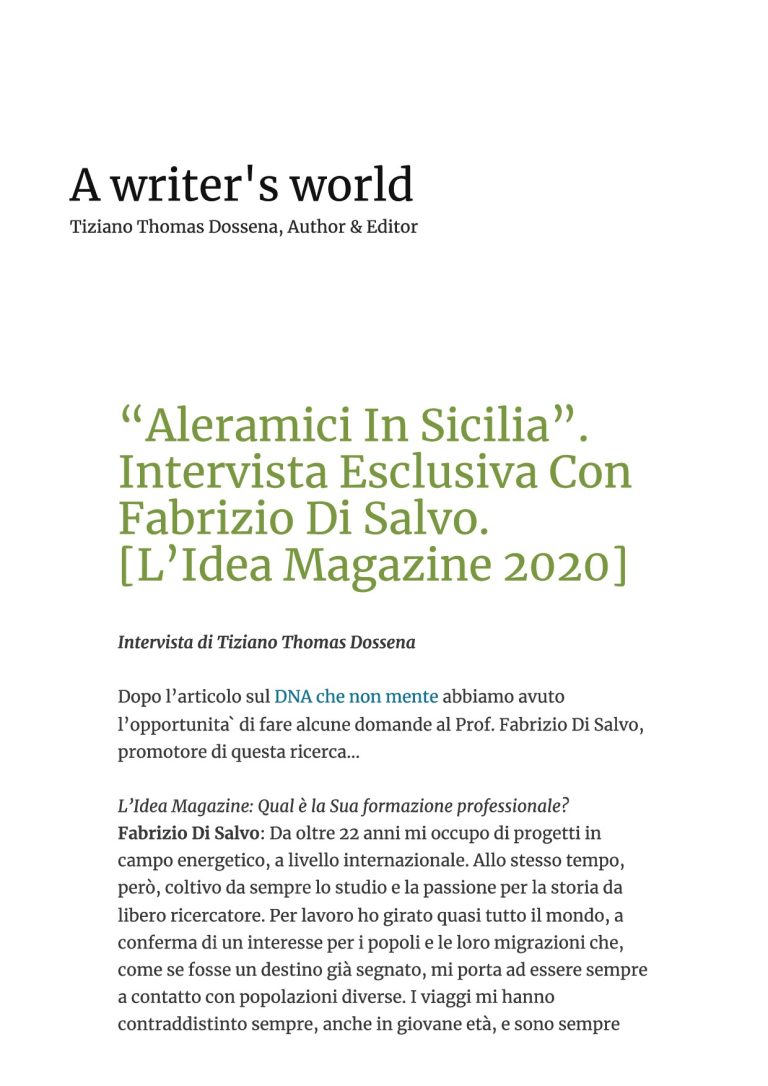 Tiziano Dossena “Aleramici In Sicilia”. Intervista Esclusiva Con Fabrizio Di Salvo. [L’Idea Magazine 2020]