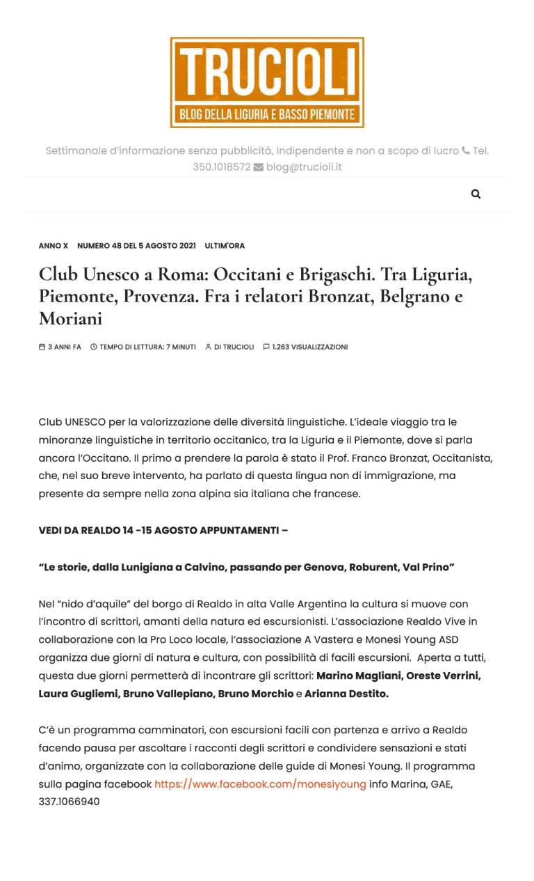 Trucioli Club Unesco A Roma Occitani E Brigaschi. Tra Liguria, Piemonte, Provenza. Fra I Relatori Bronzat, Belgrano E Moriani