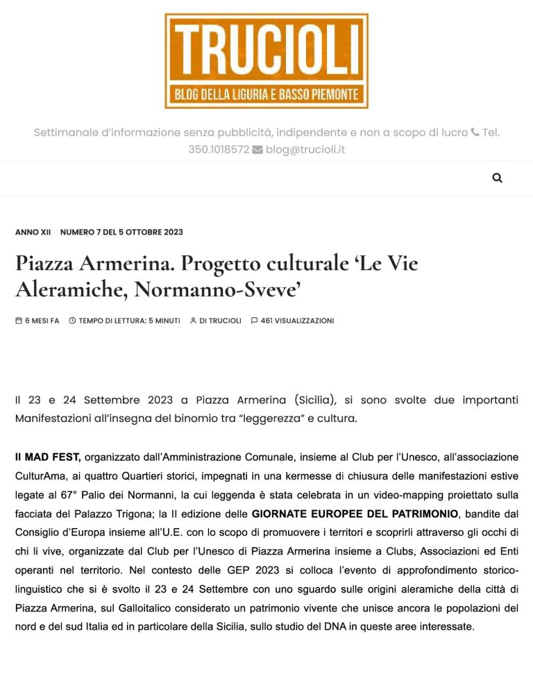 Trucioli Piazza Armerina. Progetto Culturale ‘Le Vie Aleramiche, Normanno Sveve’