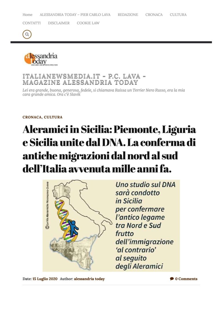 Alessandria Today Aleramici In Sicilia Piemonte, Liguria E Sicilia Unite Dal DNA. La Conferma Di Antiche Migrazioni Dal Nord Al Sud Dell’Italia Avvenuta Mille Anni Fa.