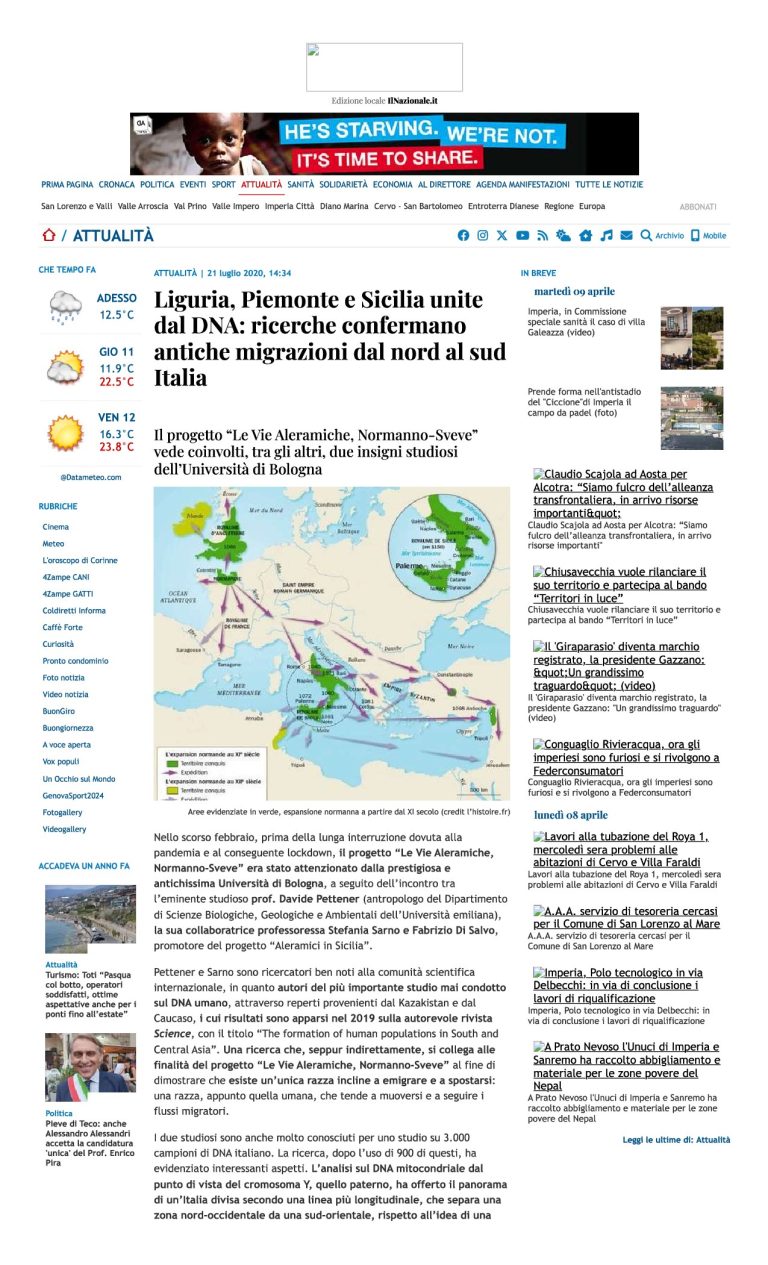 Lavocediimperia Liguria, Piemonte E Sicilia Unite Dal DNA Ricerche Confermano Antiche Migrazioni Dal Nord Al Sud Italia