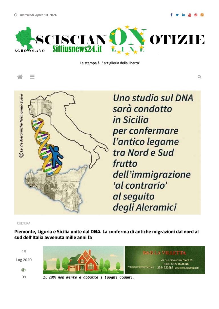 SciscianONotizie Piemonte, Liguria E Sicilia Unite Dal DNA. La Conferma Di Antiche Migrazioni Dal Nord Al Sud Dell’Italia Avvenuta Mille Anni Fa